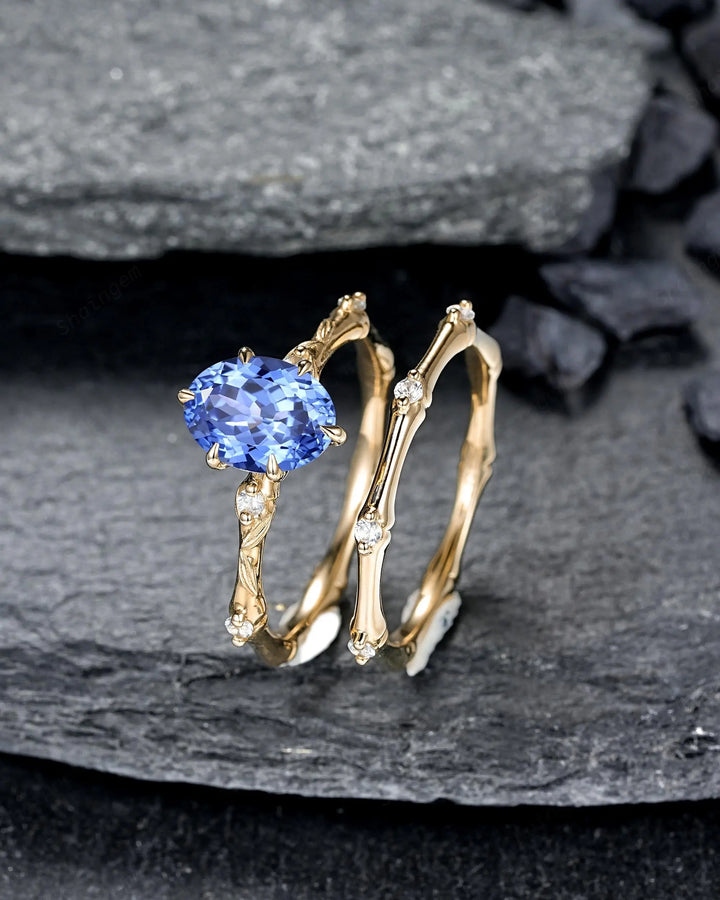 Oval Shape Blue Sapphire Engagement Ring Set: 10K 14K 18K Yellow Gold Promise Wedding Platinum Nature Inspired Bamboo Knot Leaf Silver 925 - ShainJewelry