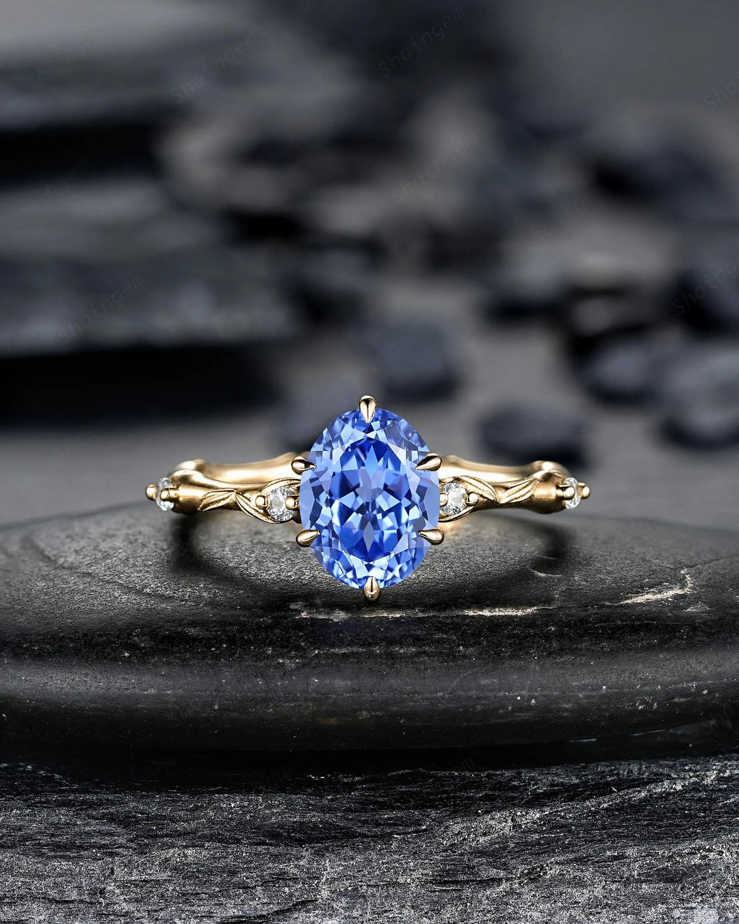 Oval Shape Blue Sapphire Engagement Ring Set: 10K 14K 18K Yellow Gold Promise Wedding Platinum Nature Inspired Bamboo Knot Leaf Silver 925 - ShainJewelry