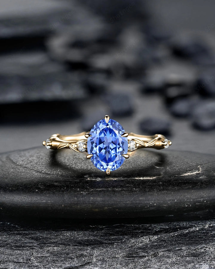 Oval Shape Blue Sapphire Engagement Ring Set: 10K 14K 18K Yellow Gold Promise Wedding Platinum Nature Inspired Bamboo Knot Leaf Silver 925 - ShainJewelry