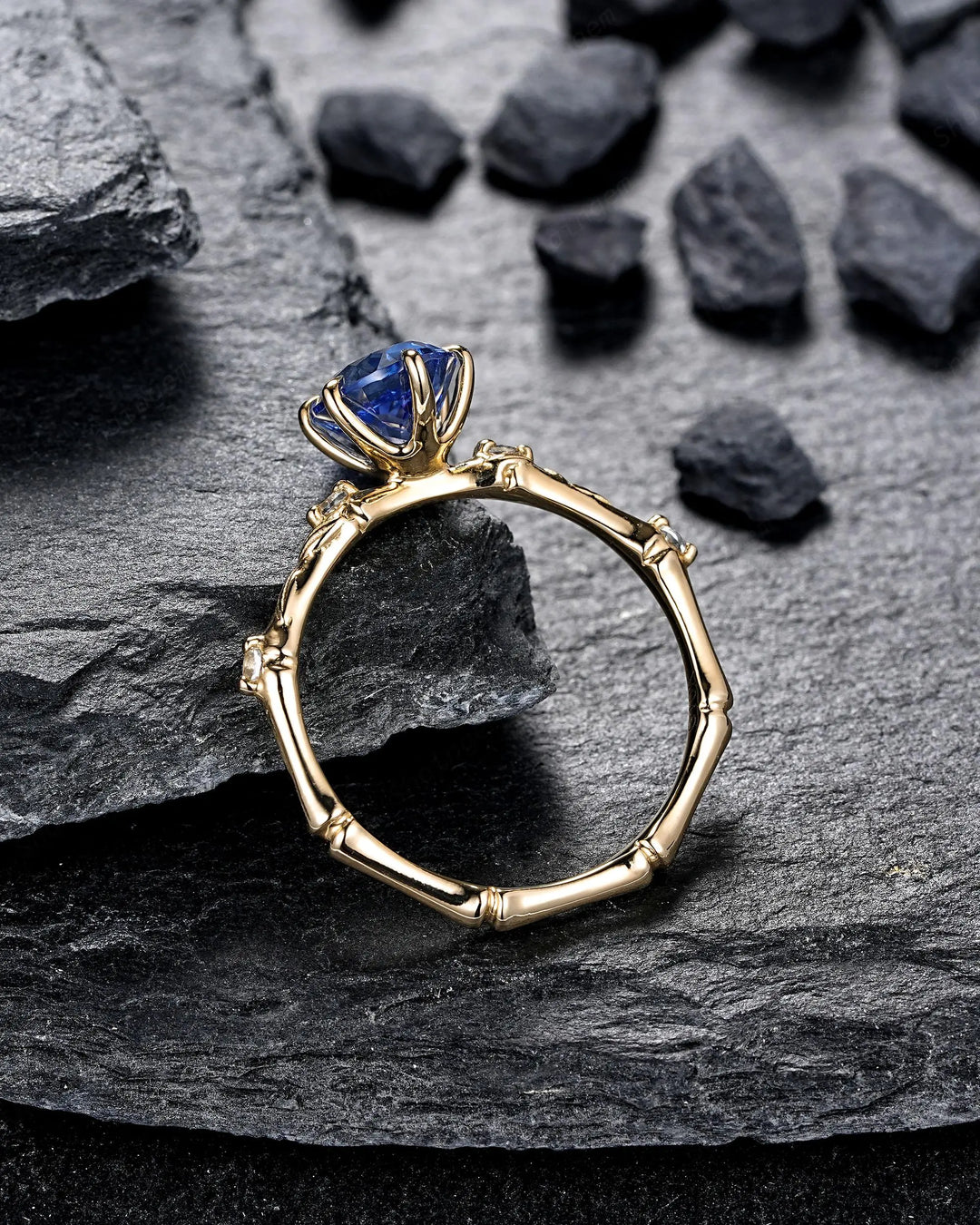 Oval Shape Blue Sapphire Engagement Ring Set: 10K 14K 18K Yellow Gold Promise Wedding Platinum Nature Inspired Bamboo Knot Leaf Silver 925 - ShainJewelry