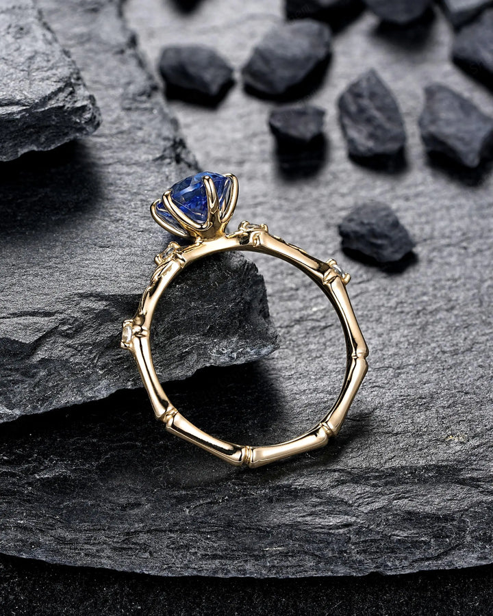 Oval Shape Blue Sapphire Engagement Ring Set: 10K 14K 18K Yellow Gold Promise Wedding Platinum Nature Inspired Bamboo Knot Leaf Silver 925 - ShainJewelry