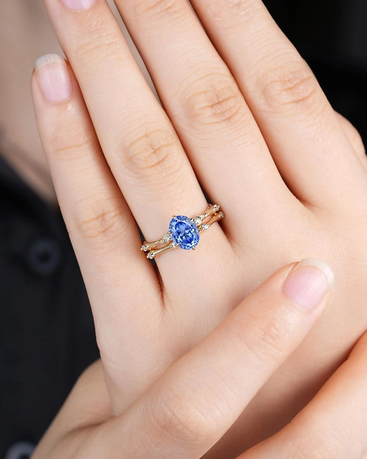 Oval Shape Blue Sapphire Engagement Ring Set: 10K 14K 18K Yellow Gold Promise Wedding Platinum Nature Inspired Bamboo Knot Leaf Silver 925 - ShainJewelry