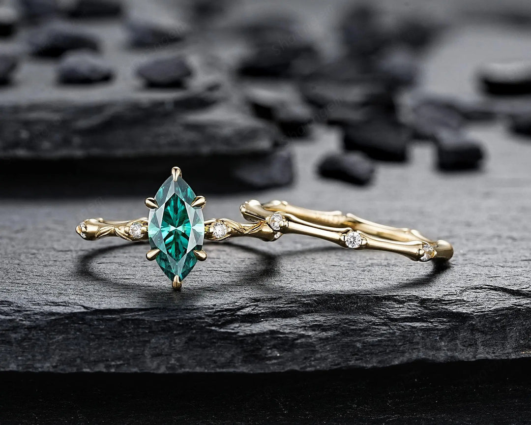 Marquise Cut Green Moissanite Engagement Ring Set: 14K 18K Yellow Gold Promise Wedding Platinum Nature Inspired Bamboo Knot Leaf Silver 925 - ShainJewelry