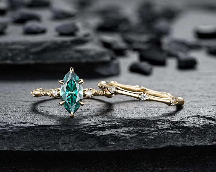 Marquise Cut Green Moissanite Engagement Ring Set: 14K 18K Yellow Gold Promise Wedding Platinum Nature Inspired Bamboo Knot Leaf Silver 925 - ShainJewelry