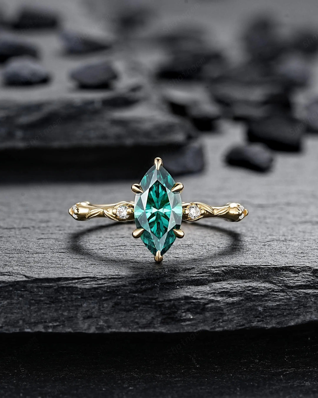 Marquise Cut Green Moissanite Engagement Ring Set: 14K 18K Yellow Gold Promise Wedding Platinum Nature Inspired Bamboo Knot Leaf Silver 925 - ShainJewelry