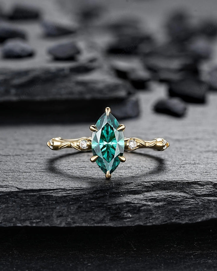 Marquise Cut Green Moissanite Engagement Ring Set: 14K 18K Yellow Gold Promise Wedding Platinum Nature Inspired Bamboo Knot Leaf Silver 925 - ShainJewelry