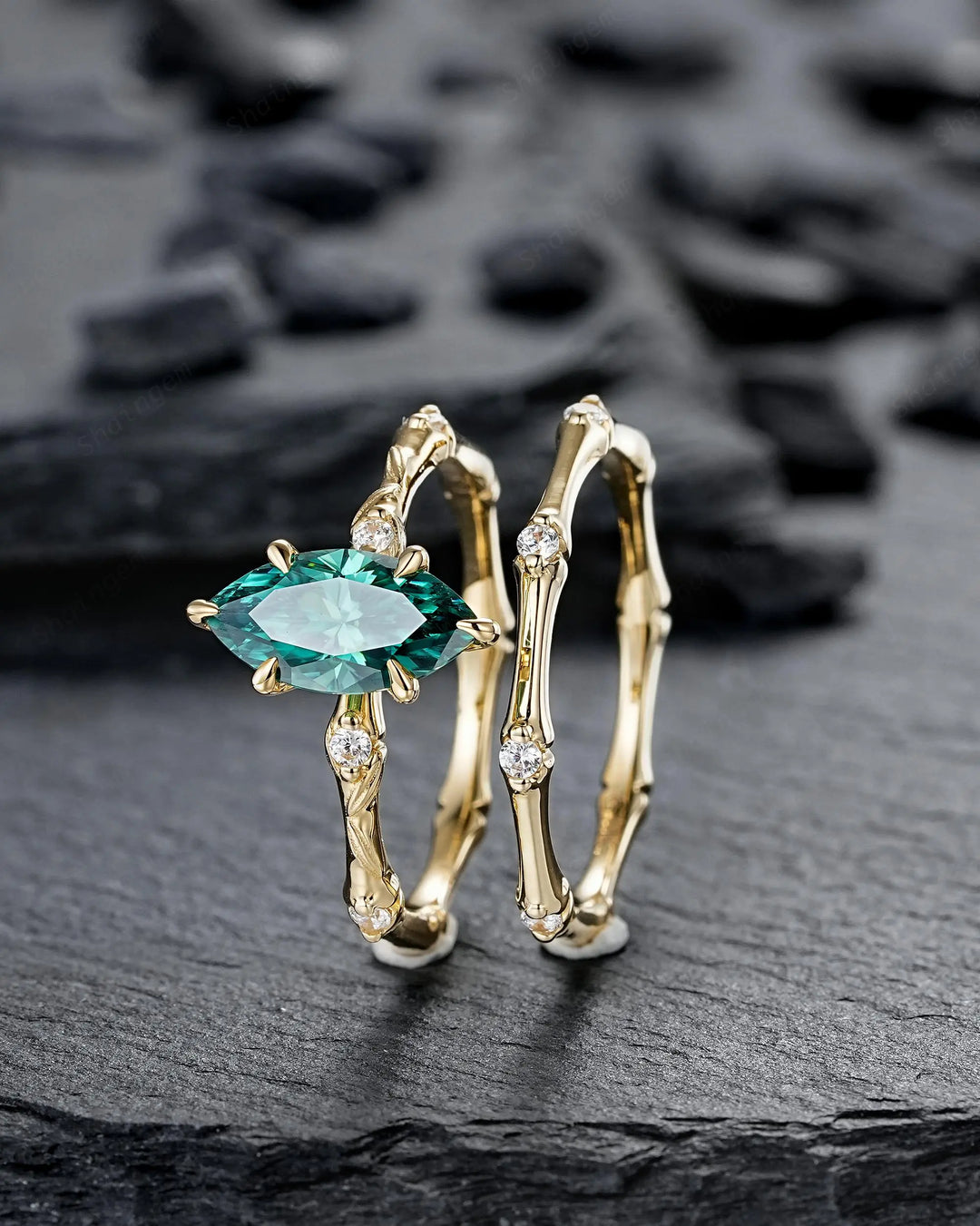 Marquise Cut Green Moissanite Engagement Ring Set: 14K 18K Yellow Gold Promise Wedding Platinum Nature Inspired Bamboo Knot Leaf Silver 925 - ShainJewelry