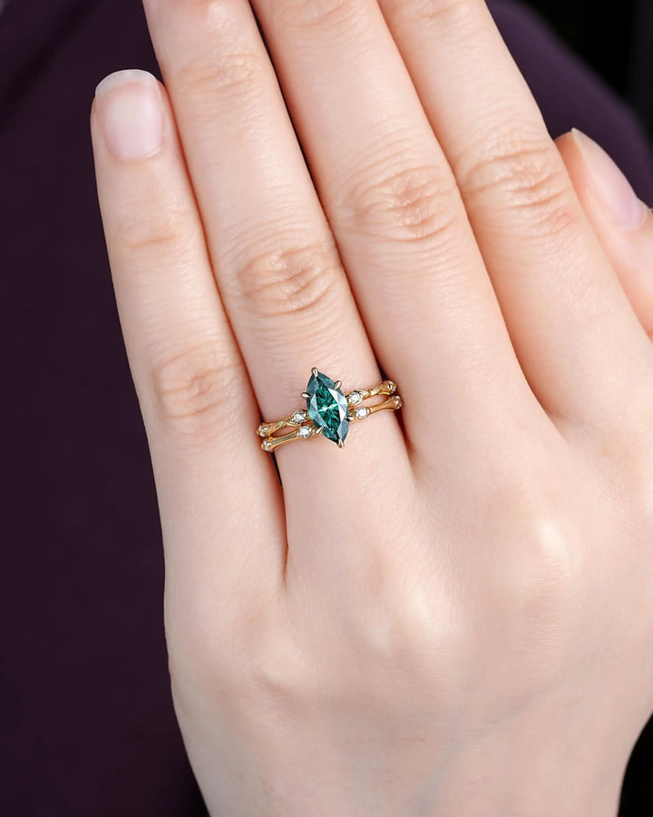 Marquise Cut Green Moissanite Engagement Ring Set: 14K 18K Yellow Gold Promise Wedding Platinum Nature Inspired Bamboo Knot Leaf Silver 925 - ShainJewelry