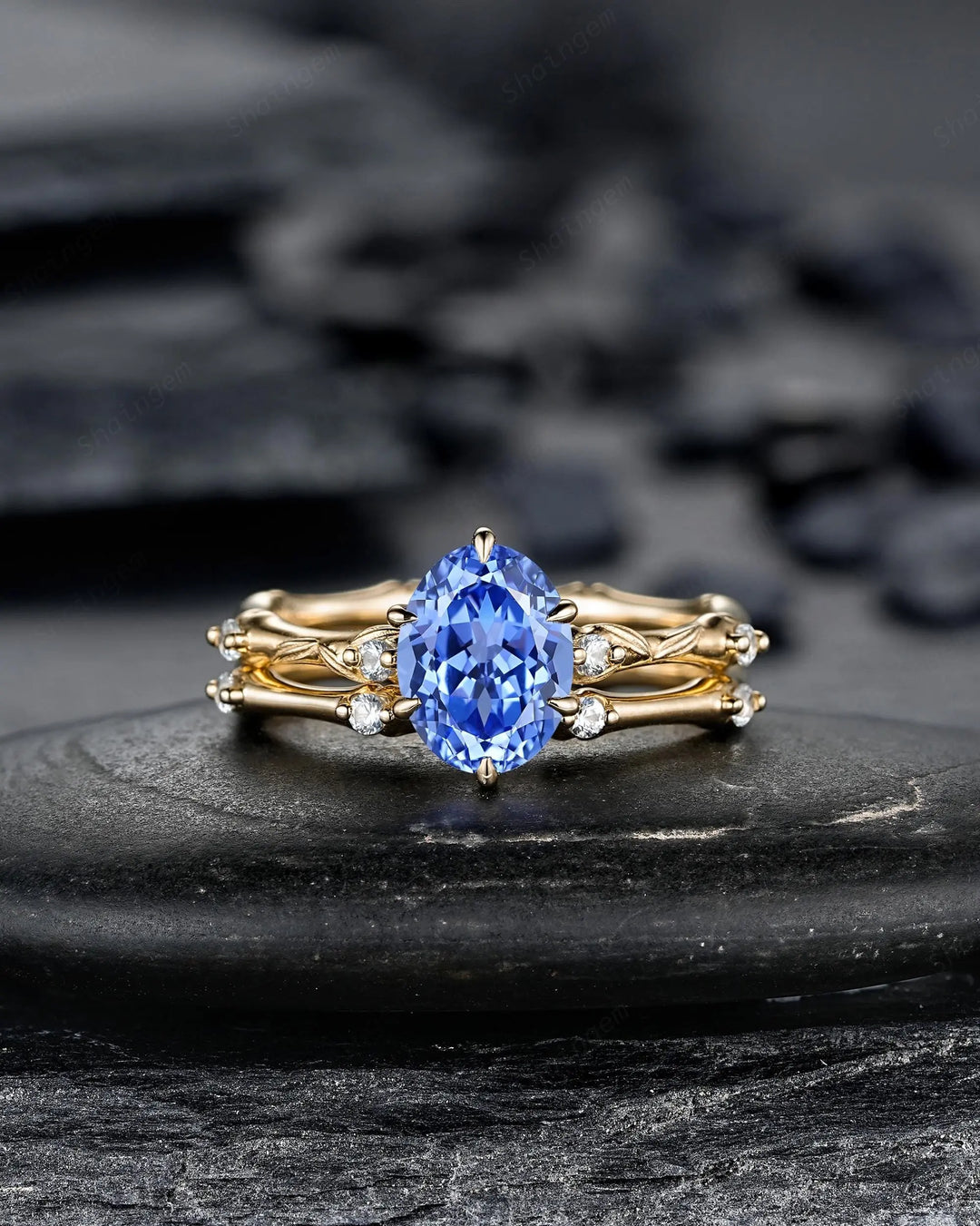 Oval Shape Blue Sapphire Engagement Ring Set: 10K 14K 18K Yellow Gold Promise Wedding Platinum Nature Inspired Bamboo Knot Leaf Silver 925 - ShainJewelry