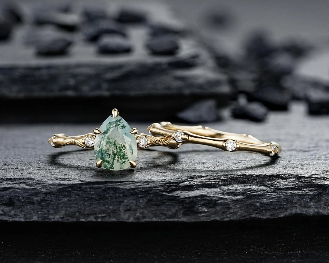 Unique Pear Shape Moss Agate Engagement Ring Set: 14K 18K Yellow Gold Promise Wedding Platinum Nature Inspired Bamboo Knot Leaf Silver 925 - ShainJewelry