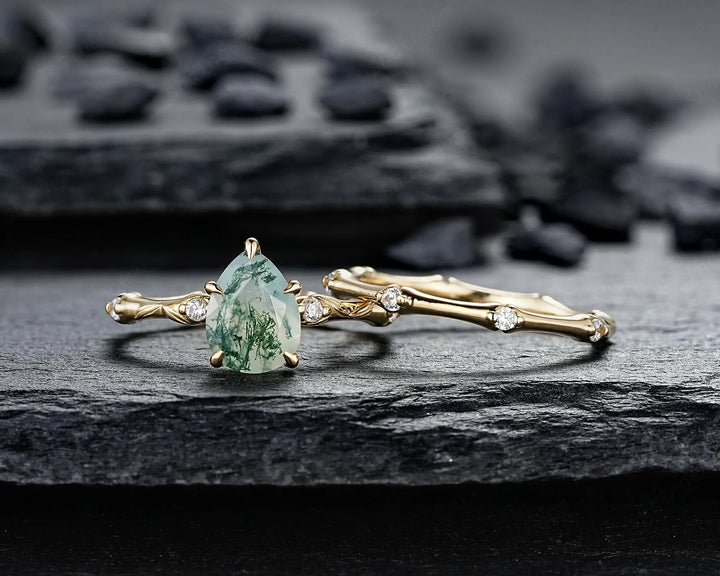 Unique Pear Shape Moss Agate Engagement Ring Set: 14K 18K Yellow Gold Promise Wedding Platinum Nature Inspired Bamboo Knot Leaf Silver 925 - ShainJewelry