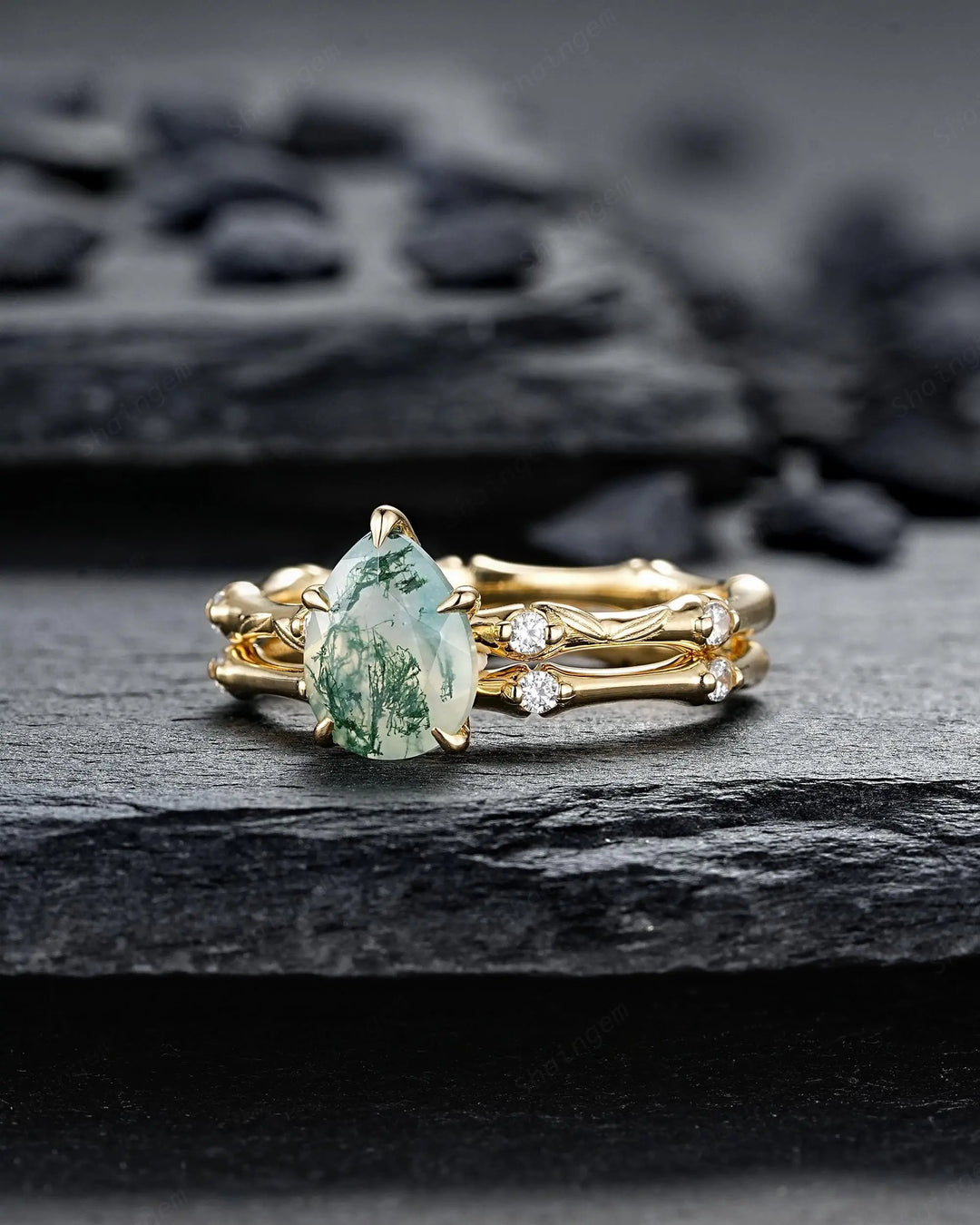 Unique Pear Shape Moss Agate Engagement Ring Set: 14K 18K Yellow Gold Promise Wedding Platinum Nature Inspired Bamboo Knot Leaf Silver 925 - ShainJewelry