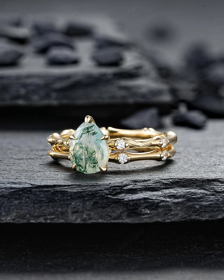 Unique Pear Shape Moss Agate Engagement Ring Set: 14K 18K Yellow Gold Promise Wedding Platinum Nature Inspired Bamboo Knot Leaf Silver 925 - ShainJewelry