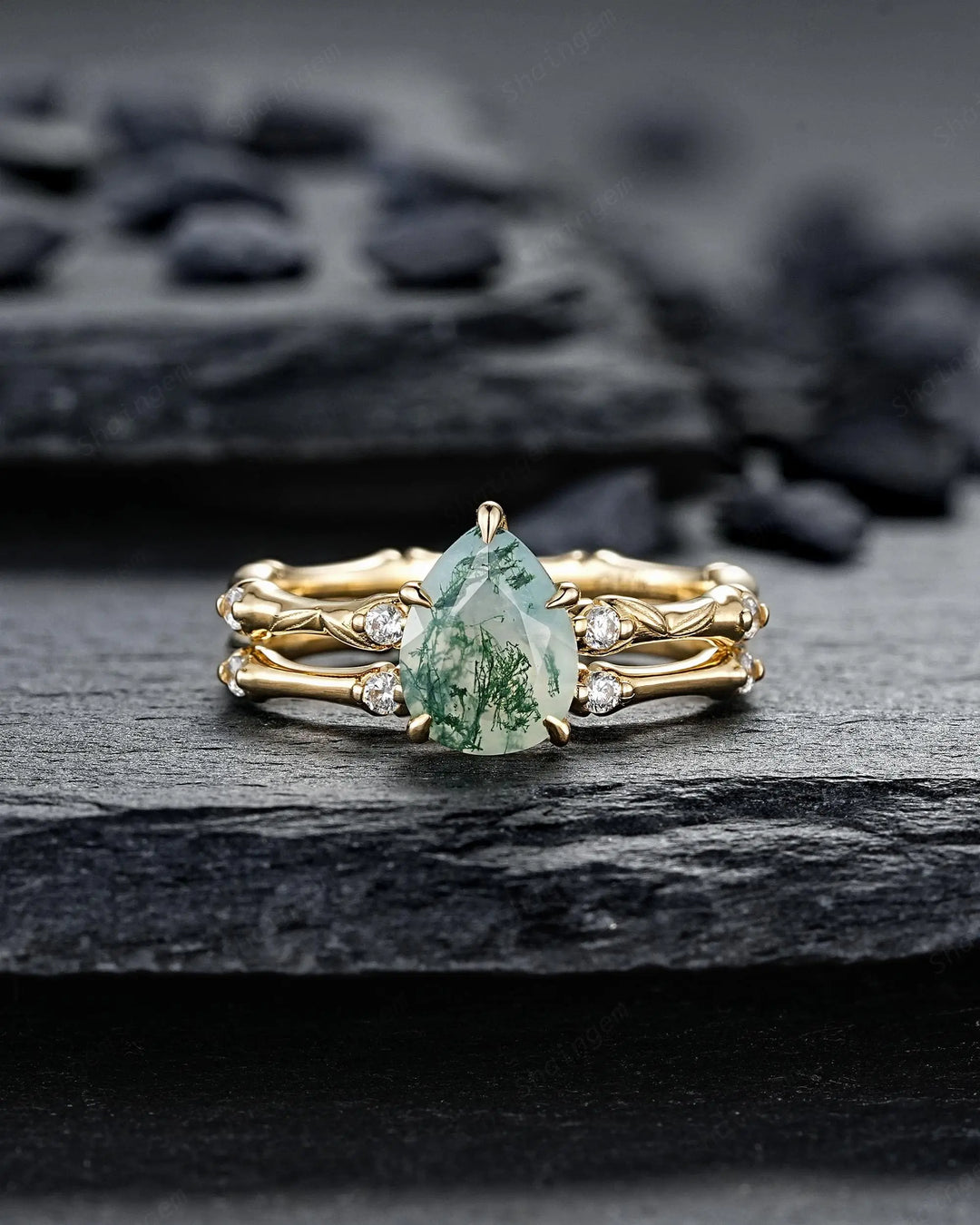 Unique Pear Shape Moss Agate Engagement Ring Set: 14K 18K Yellow Gold Promise Wedding Platinum Nature Inspired Bamboo Knot Leaf Silver 925 - ShainJewelry