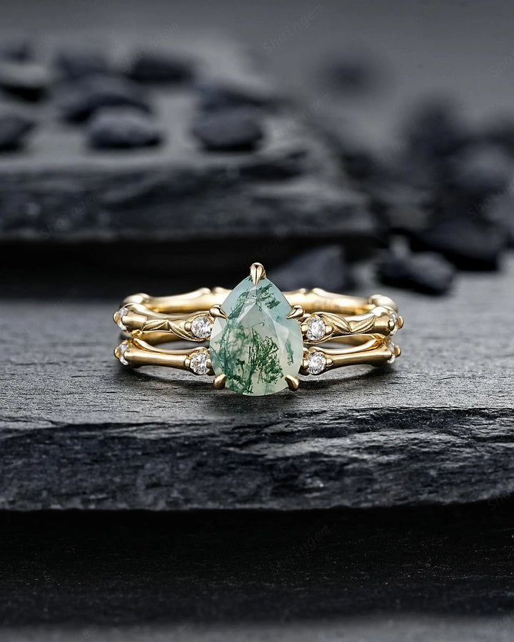 Unique Pear Shape Moss Agate Engagement Ring Set: 14K 18K Yellow Gold Promise Wedding Platinum Nature Inspired Bamboo Knot Leaf Silver 925 - ShainJewelry