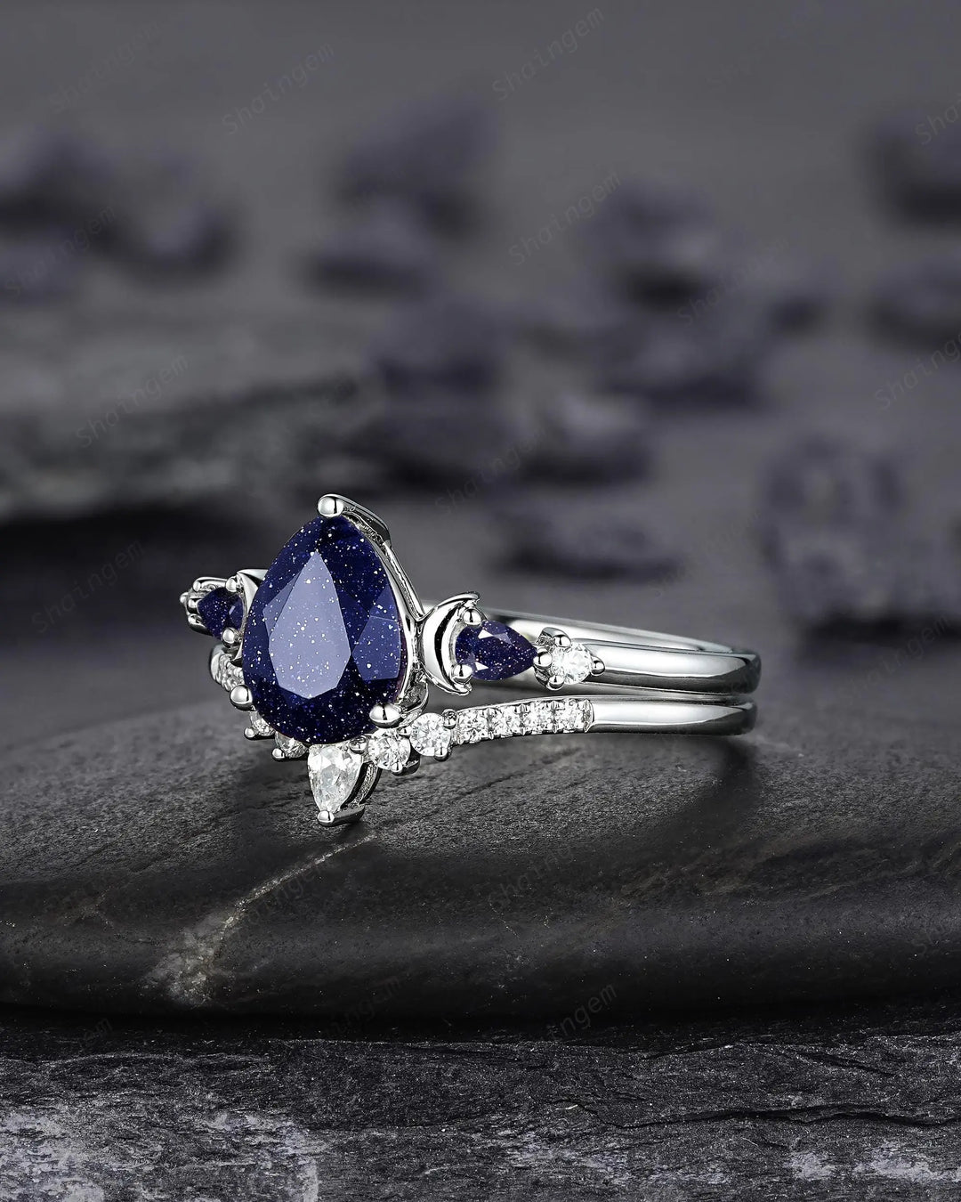 Vintage Pear Shape Blue Sandstone Crescent Engagement Ring Set: 10K 14K 18K White Gold Moon Wedding Silver 925 Platinum Promise Bridal Set - ShainJewelry