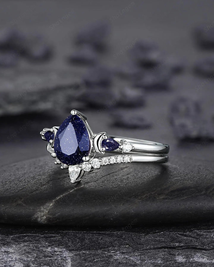 Vintage Pear Shape Blue Sandstone Crescent Engagement Ring Set: 10K 14K 18K White Gold Moon Wedding Silver 925 Platinum Promise Bridal Set - ShainJewelry