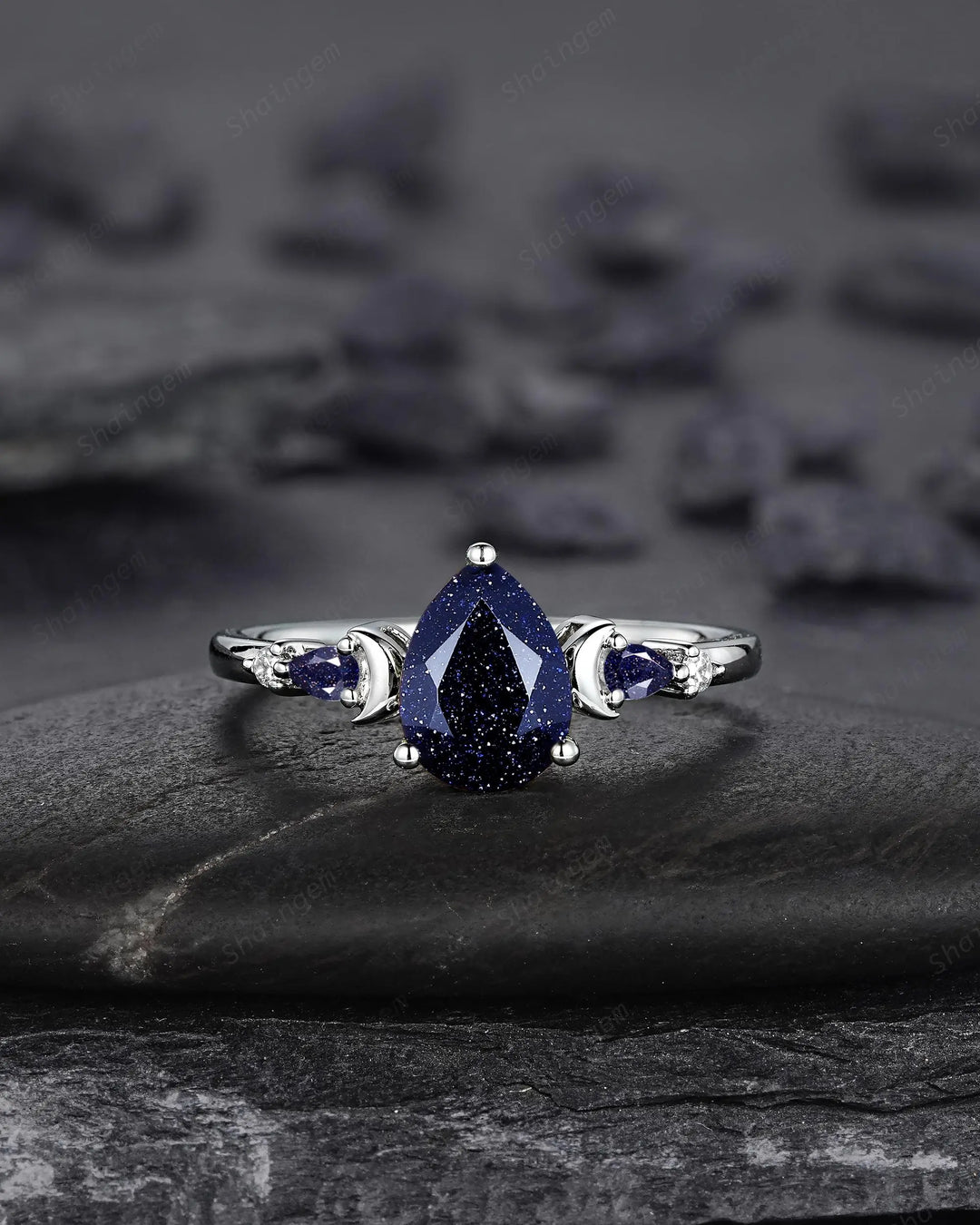 Vintage Pear Shape Blue Sandstone Crescent Engagement Ring Set: 10K 14K 18K White Gold Moon Wedding Silver 925 Platinum Promise Bridal Set - ShainJewelry