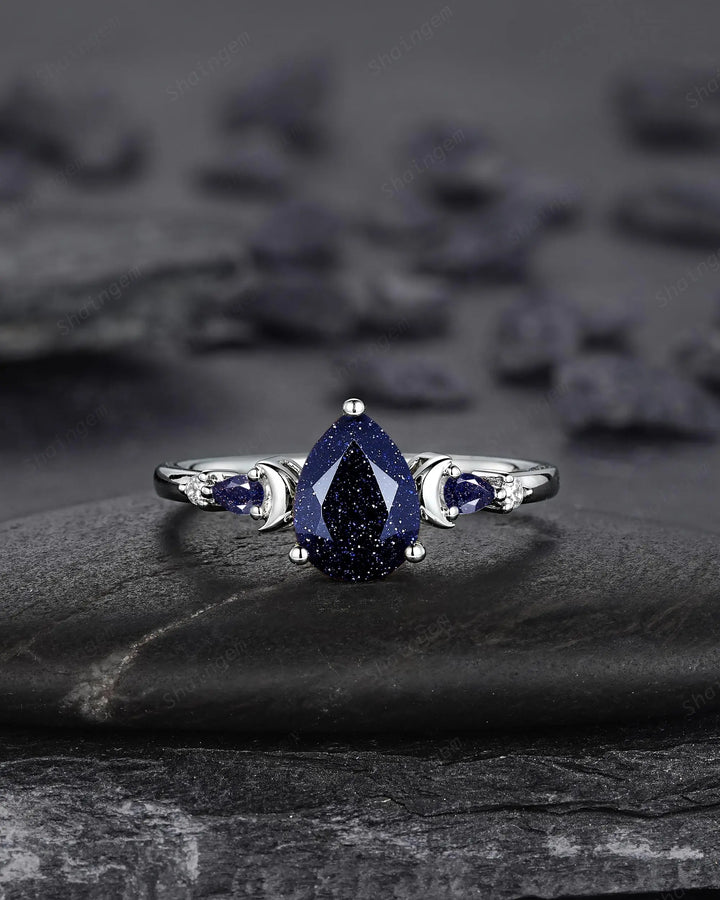 Vintage Pear Shape Blue Sandstone Crescent Engagement Ring Set: 10K 14K 18K White Gold Moon Wedding Silver 925 Platinum Promise Bridal Set - ShainJewelry