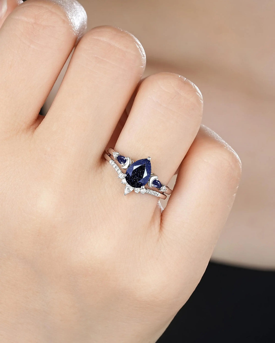 Vintage Pear Shape Blue Sandstone Crescent Engagement Ring Set: 10K 14K 18K White Gold Moon Wedding Silver 925 Platinum Promise Bridal Set - ShainJewelry