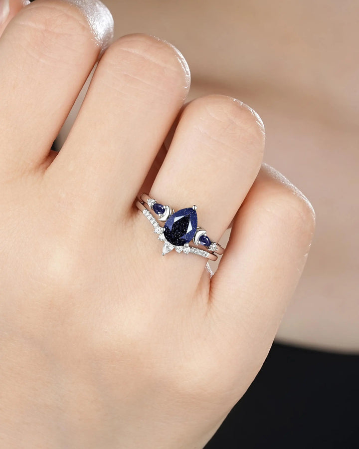 Vintage Pear Shape Blue Sandstone Crescent Engagement Ring Set: 10K 14K 18K White Gold Moon Wedding Silver 925 Platinum Promise Bridal Set - ShainJewelry