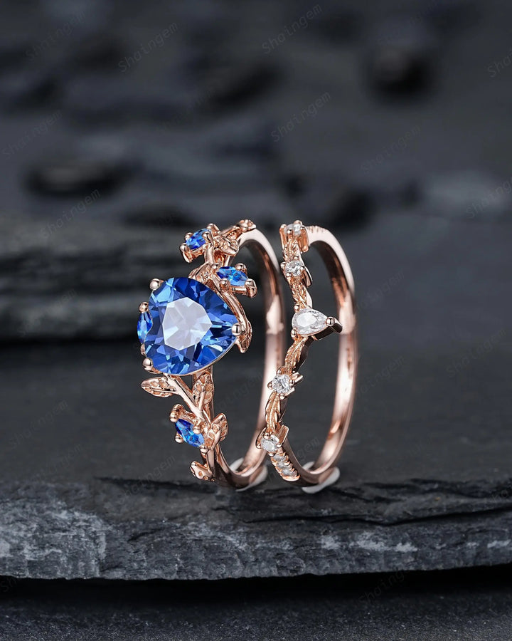 Nature Inspired Leaf Heart Shape Blue Sapphire Engagement Ring Set, Unique Rose Gold Twig Branch Platinum Wedding 925 Silver Vine Promise - ShainJewelry