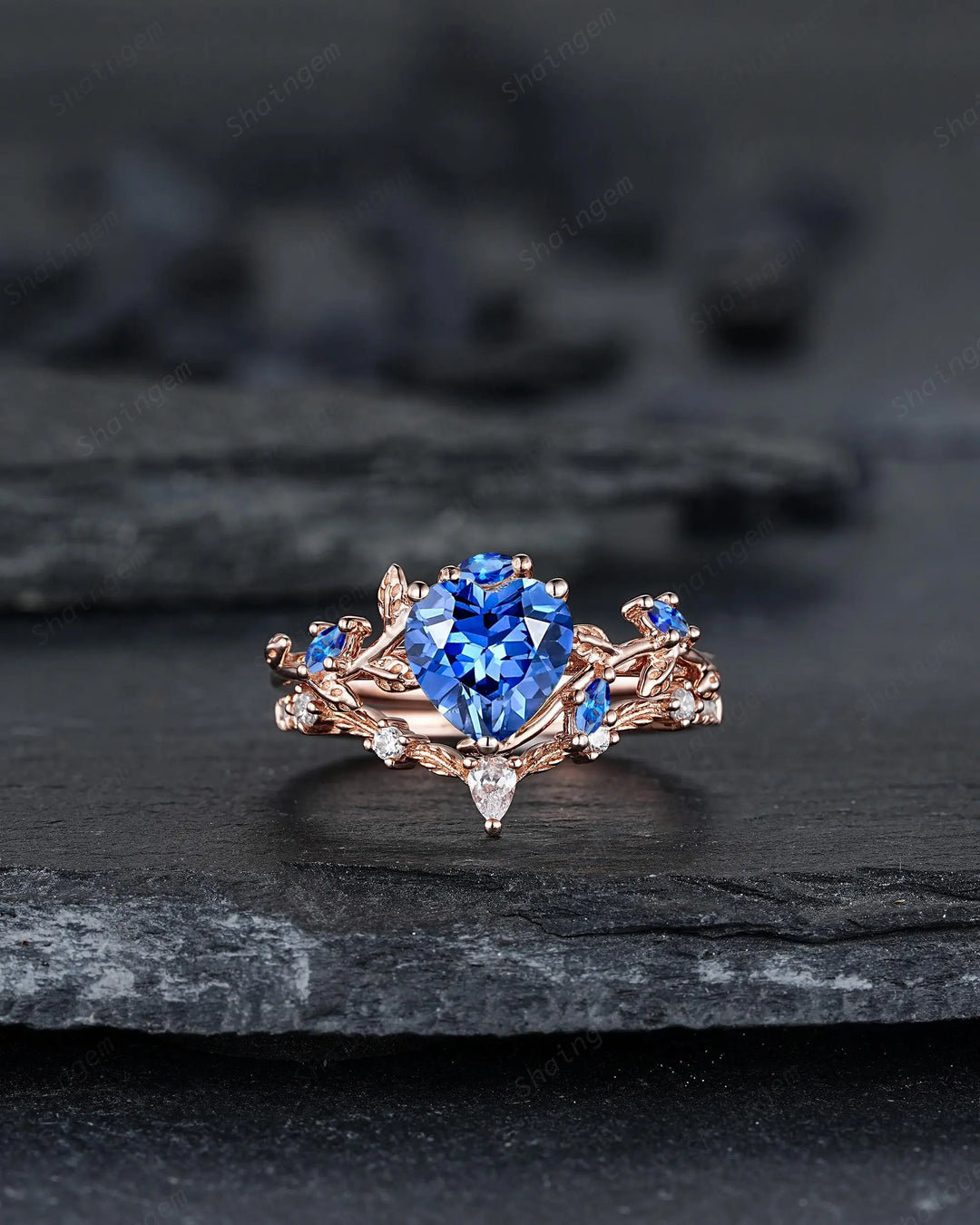 Nature Inspired Leaf Heart Shape Blue Sapphire Engagement Ring Set, Unique Rose Gold Twig Branch Platinum Wedding 925 Silver Vine Promise - ShainJewelry