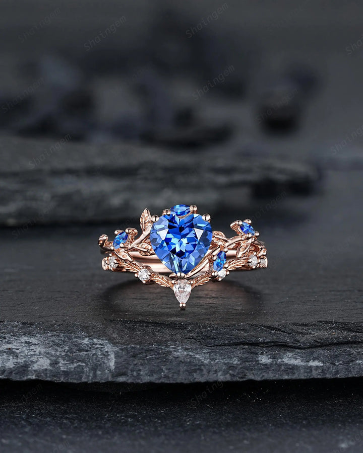 Nature Inspired Leaf Heart Shape Blue Sapphire Engagement Ring Set, Unique Rose Gold Twig Branch Platinum Wedding 925 Silver Vine Promise - ShainJewelry