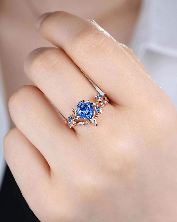 Nature Inspired Leaf Heart Shape Blue Sapphire Engagement Ring Set, Unique Rose Gold Twig Branch Platinum Wedding 925 Silver Vine Promise - ShainJewelry