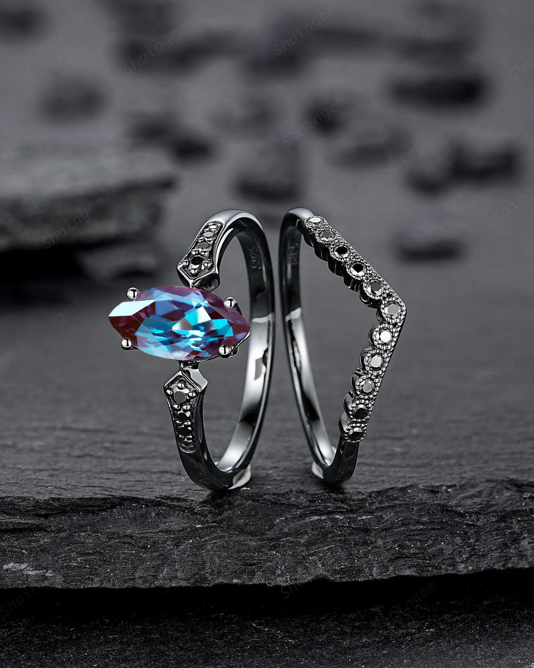 Vintage Black Gold Marquise Cut Alexandrite Engagement Ring: Gothic Punk Bridal Set, Black Rhodium Wedding Milgrain V Shape Curved Promise - ShainJewelry