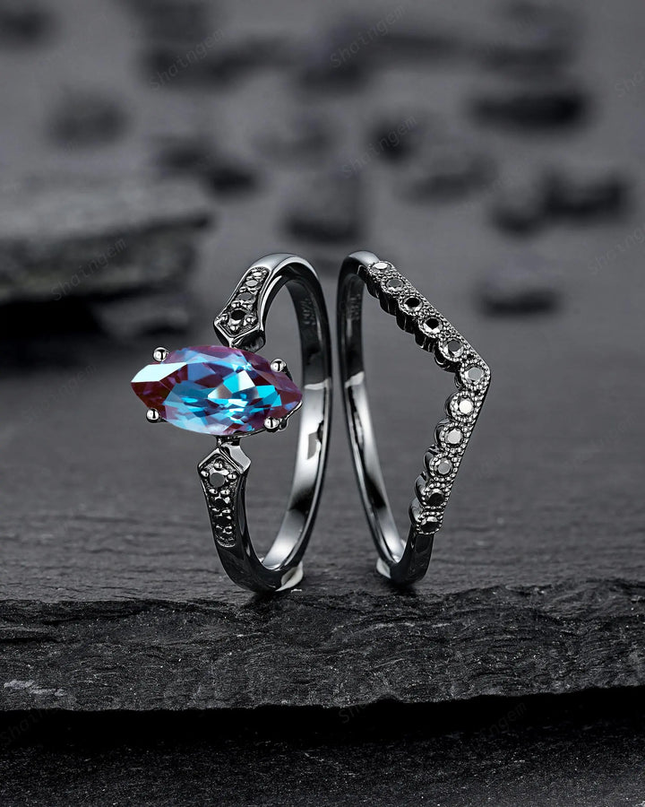 Vintage Black Gold Marquise Cut Alexandrite Engagement Ring: Gothic Punk Bridal Set, Black Rhodium Wedding Milgrain V Shape Curved Promise - ShainJewelry