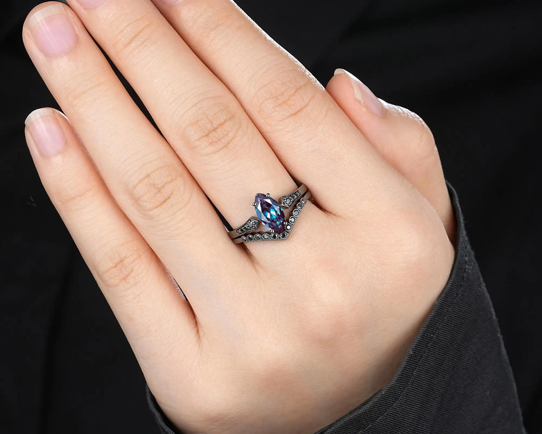 Vintage Black Gold Marquise Cut Alexandrite Engagement Ring: Gothic Punk Bridal Set, Black Rhodium Wedding Milgrain V Shape Curved Promise - ShainJewelry