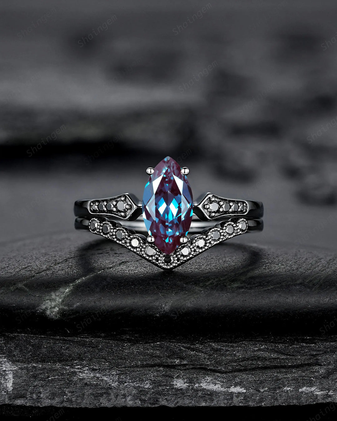 Vintage Black Gold Marquise Cut Alexandrite Engagement Ring: Gothic Punk Bridal Set, Black Rhodium Wedding Milgrain V Shape Curved Promise - ShainJewelry