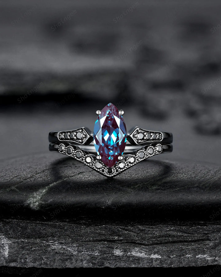 Vintage Black Gold Marquise Cut Alexandrite Engagement Ring: Gothic Punk Bridal Set, Black Rhodium Wedding Milgrain V Shape Curved Promise - ShainJewelry