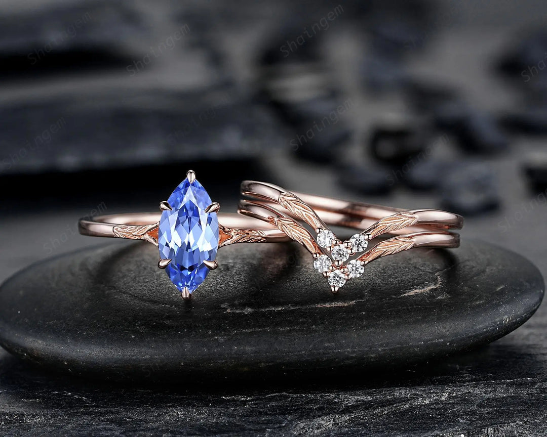 3PCS Marquise Cut Blue Sapphire Solitaire Engagement Ring: Nature Inspired Wedding Set Rose Gold Promise Engraved Leaf Silver, Platinum - ShainJewelry