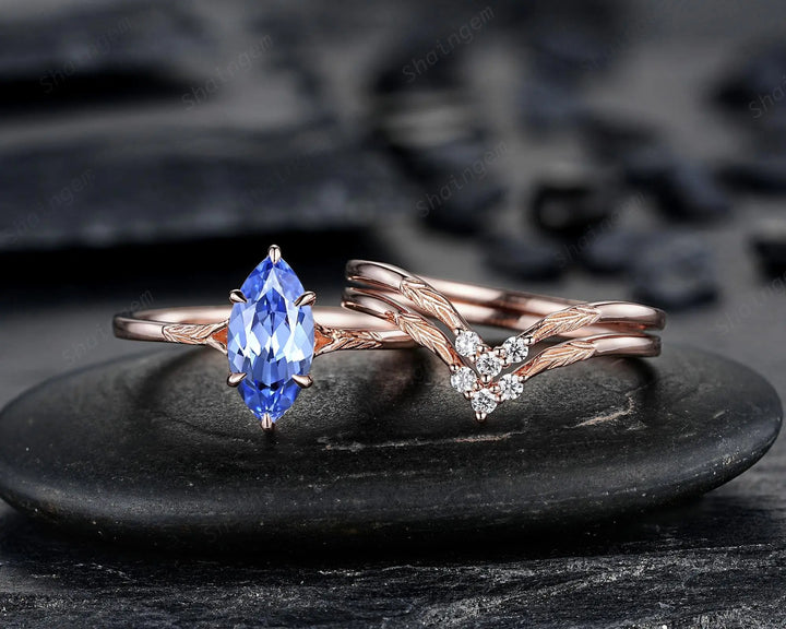 3PCS Marquise Cut Blue Sapphire Solitaire Engagement Ring: Nature Inspired Wedding Set Rose Gold Promise Engraved Leaf Silver, Platinum - ShainJewelry