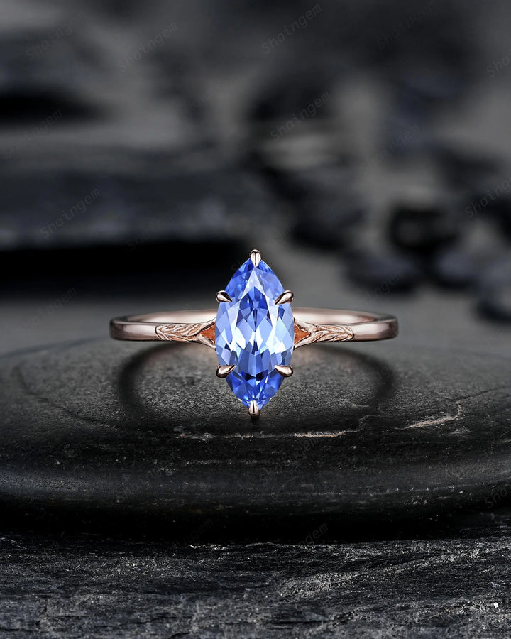 3PCS Marquise Cut Blue Sapphire Solitaire Engagement Ring: Nature Inspired Wedding Set Rose Gold Promise Engraved Leaf Silver, Platinum - ShainJewelry