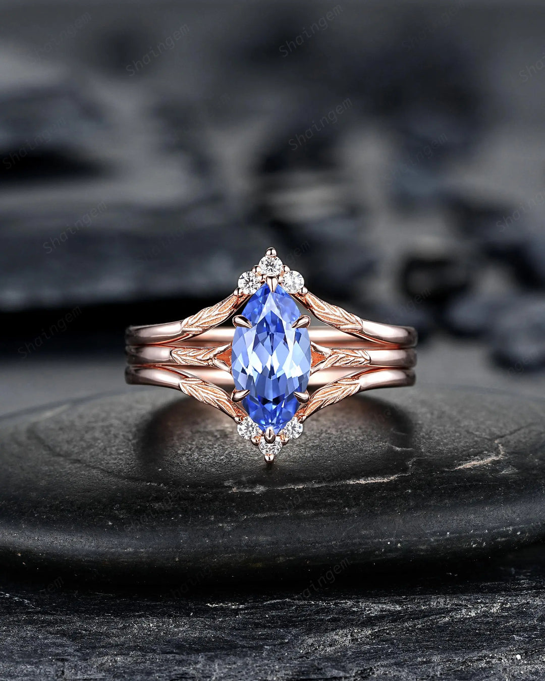 3PCS Marquise Cut Blue Sapphire Solitaire Engagement Ring: Nature Inspired Wedding Set Rose Gold Promise Engraved Leaf Silver, Platinum - ShainJewelry