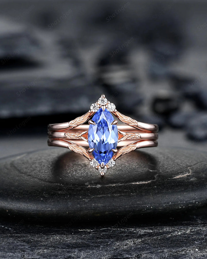 3PCS Marquise Cut Blue Sapphire Solitaire Engagement Ring: Nature Inspired Wedding Set Rose Gold Promise Engraved Leaf Silver, Platinum - ShainJewelry