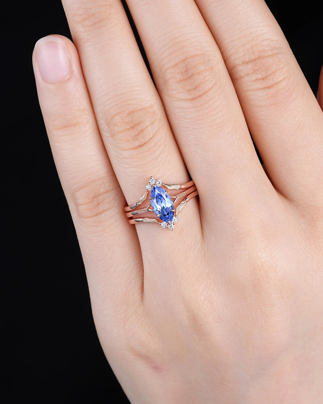 3PCS Marquise Cut Blue Sapphire Solitaire Engagement Ring: Nature Inspired Wedding Set Rose Gold Promise Engraved Leaf Silver, Platinum - ShainJewelry