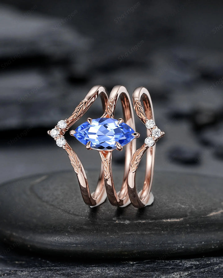 3PCS Marquise Cut Blue Sapphire Solitaire Engagement Ring: Nature Inspired Wedding Set Rose Gold Promise Engraved Leaf Silver, Platinum - ShainJewelry