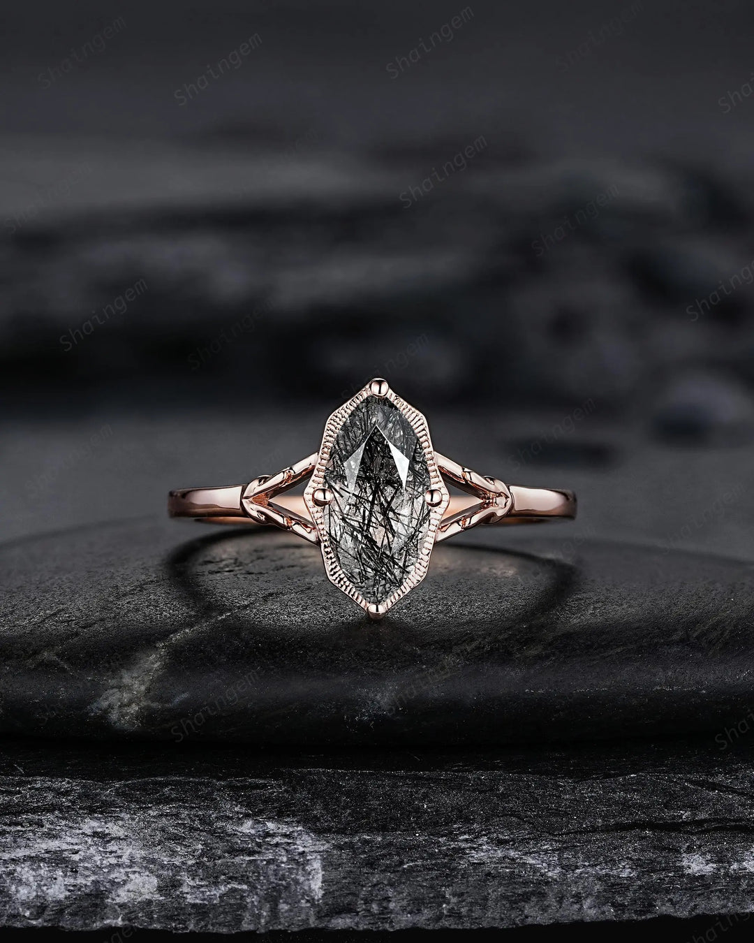 Solitaire Marquise Cut Natural Black Rutilated Engagement Ring Set: Rose Gold Split Shank Milgrain Platinum Open Gap Promise Wedding Band - ShainJewelry