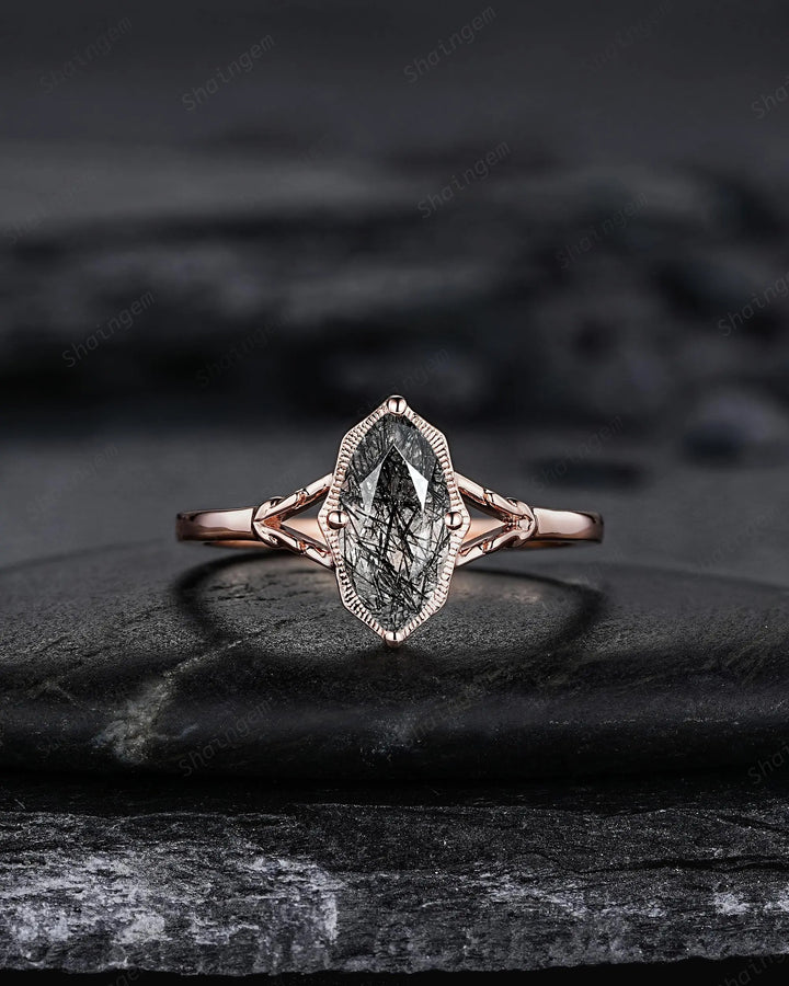 Solitaire Marquise Cut Natural Black Rutilated Engagement Ring Set: Rose Gold Split Shank Milgrain Platinum Open Gap Promise Wedding Band - ShainJewelry
