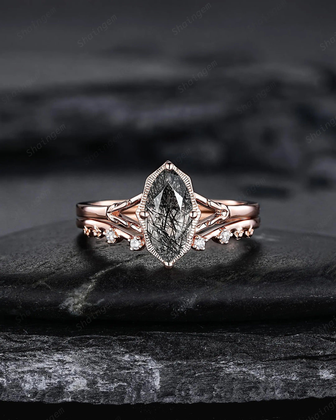 Solitaire Marquise Cut Natural Black Rutilated Engagement Ring Set: Rose Gold Split Shank Milgrain Platinum Open Gap Promise Wedding Band - ShainJewelry
