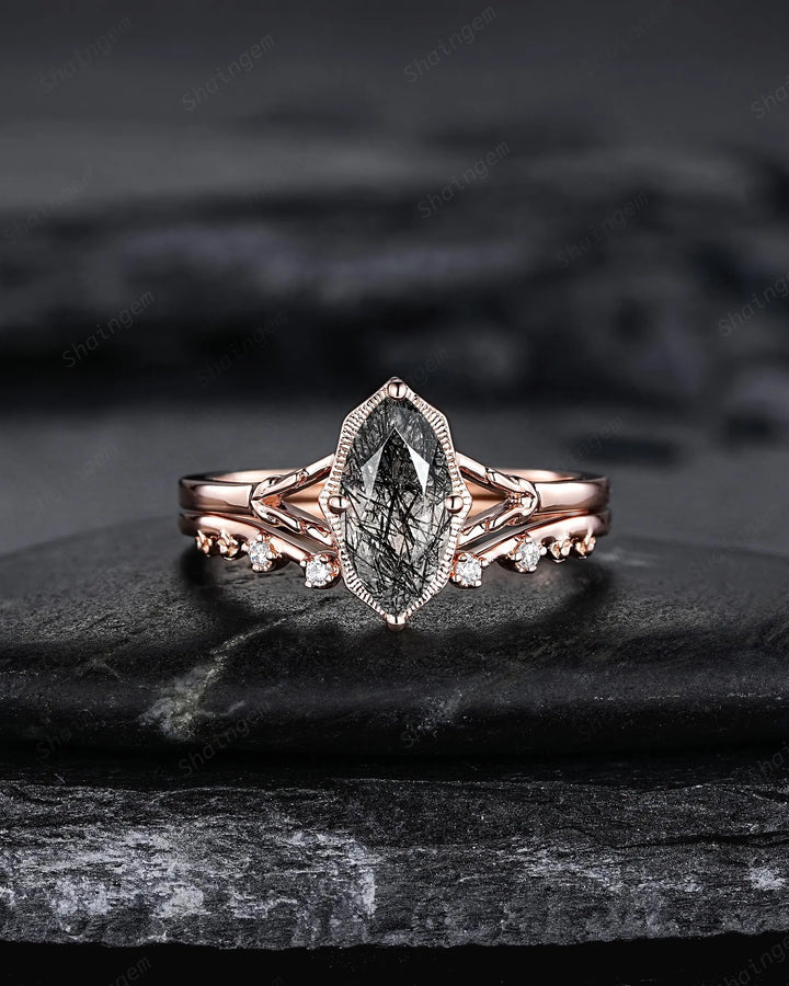 Solitaire Marquise Cut Natural Black Rutilated Engagement Ring Set: Rose Gold Split Shank Milgrain Platinum Open Gap Promise Wedding Band - ShainJewelry
