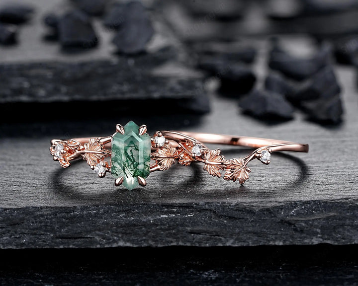 Maple Leaf Long Hexagon Moss Agate Engagement Ring Set: Rose Gold Nature Inspired Wedding Promise Anniversary 925 Silver, 24K Gold Plated - ShainJewelry