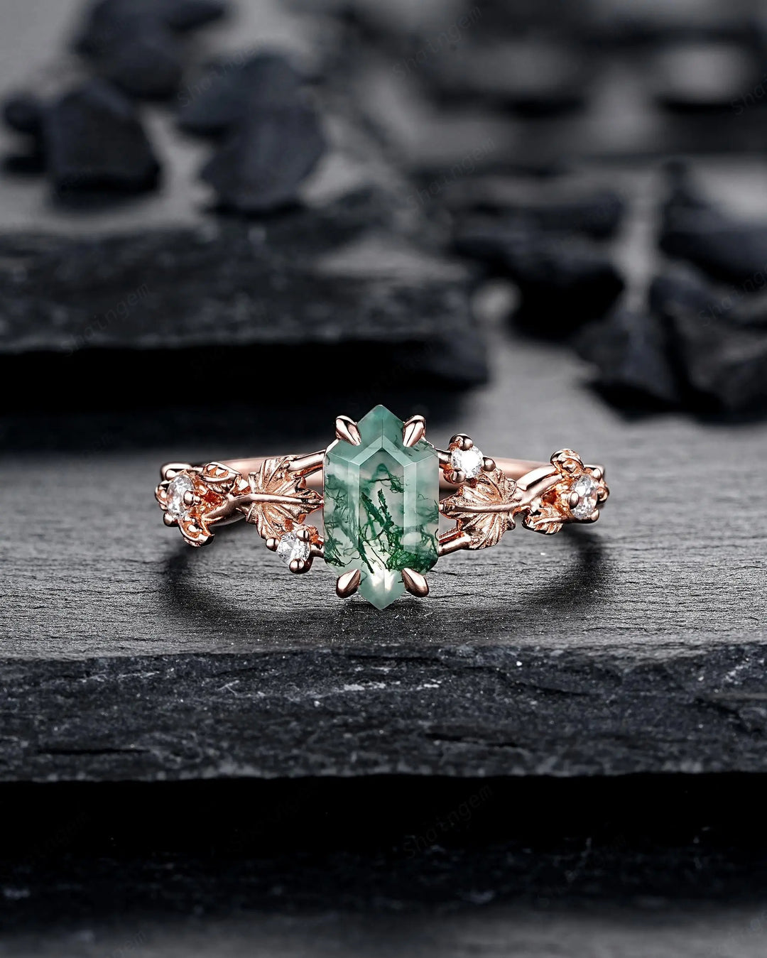 Maple Leaf Long Hexagon Moss Agate Engagement Ring Set: Rose Gold Nature Inspired Wedding Promise Anniversary 925 Silver, 24K Gold Plated - ShainJewelry
