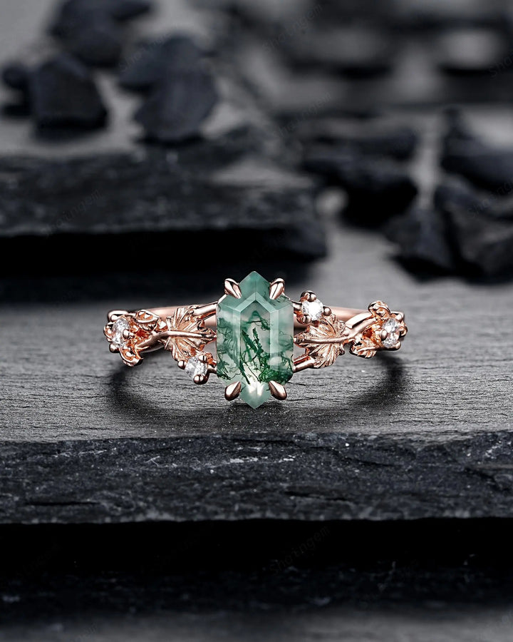 Maple Leaf Long Hexagon Moss Agate Engagement Ring Set: Rose Gold Nature Inspired Wedding Promise Anniversary 925 Silver, 24K Gold Plated - ShainJewelry