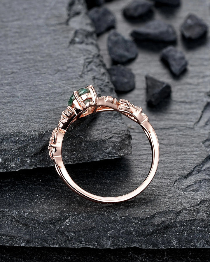 Maple Leaf Long Hexagon Moss Agate Engagement Ring Set: Rose Gold Nature Inspired Wedding Promise Anniversary 925 Silver, 24K Gold Plated - ShainJewelry
