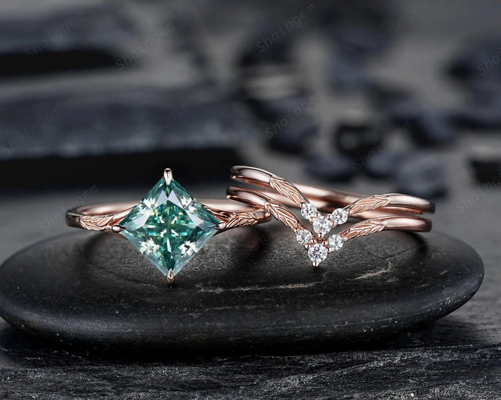 Unique 3PCS Princess Cut Green Moissanite Solitaire Engagement Ring: Nature Inspired Leaf Wedding Set Rose Gold Promise Silver 925, Platinum - ShainJewelry